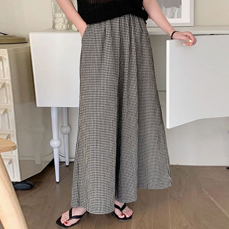 (image for)  Womens Geometric Printed Wide Leg Pants Vintage Elastic Waist Straight Pleated Trouser Loose Fit