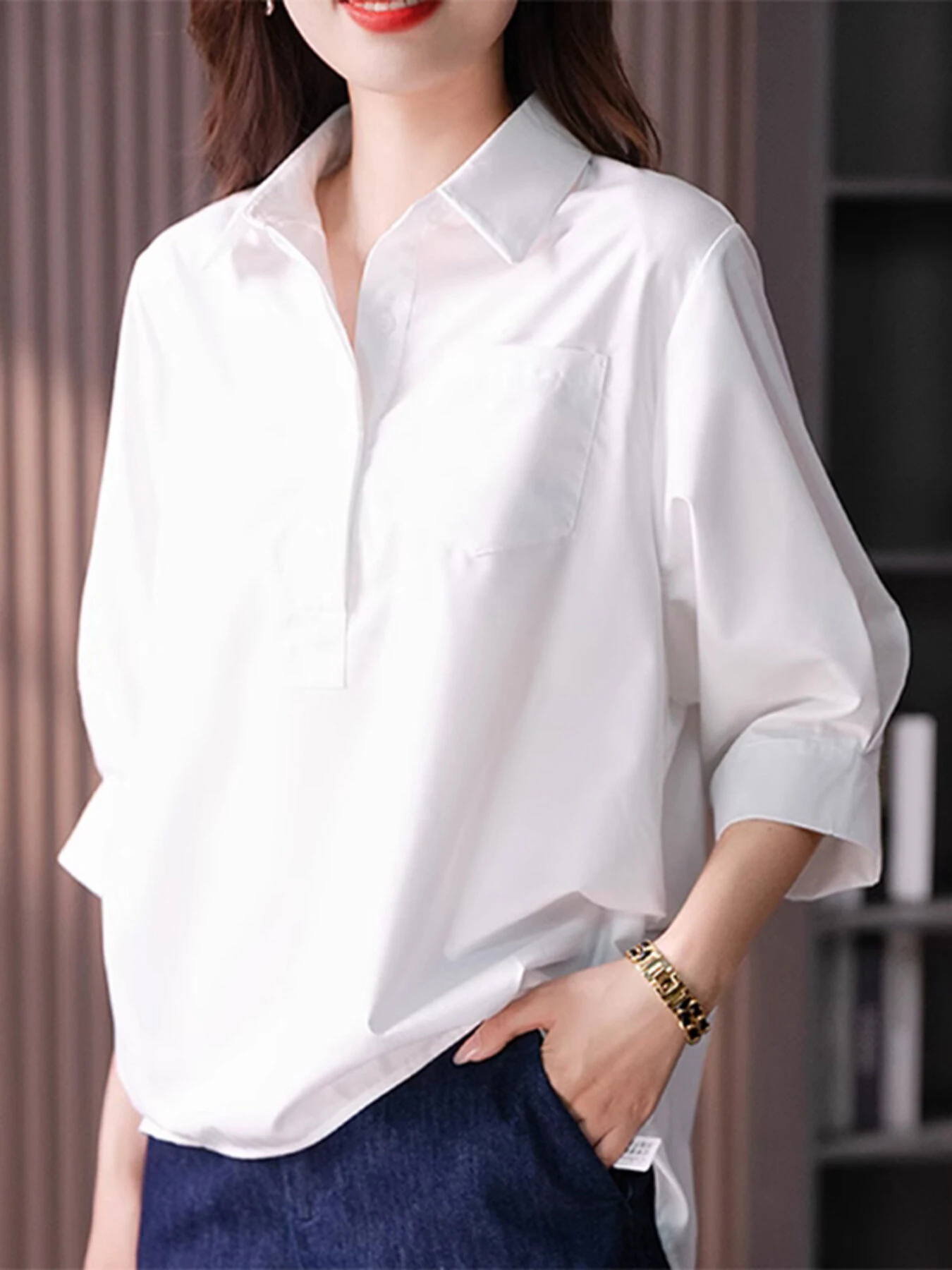 (image for)  Womens Lapel Blouses 3/4 Length Sleeve Solid Color Shirts with Chest Pocket