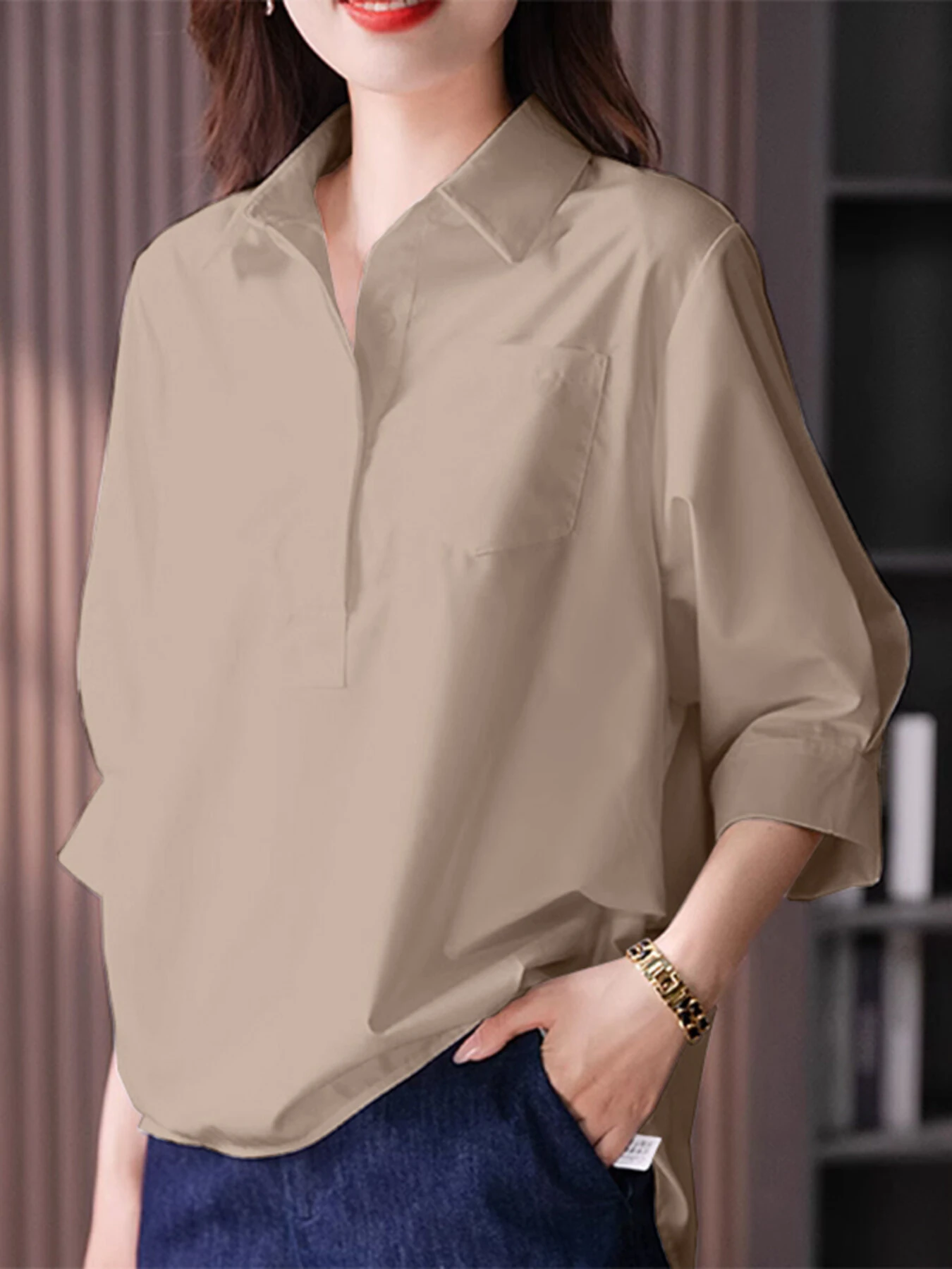 (image for)  Womens Lapel Blouses 3/4 Length Sleeve Solid Color Shirts with Chest Pocket