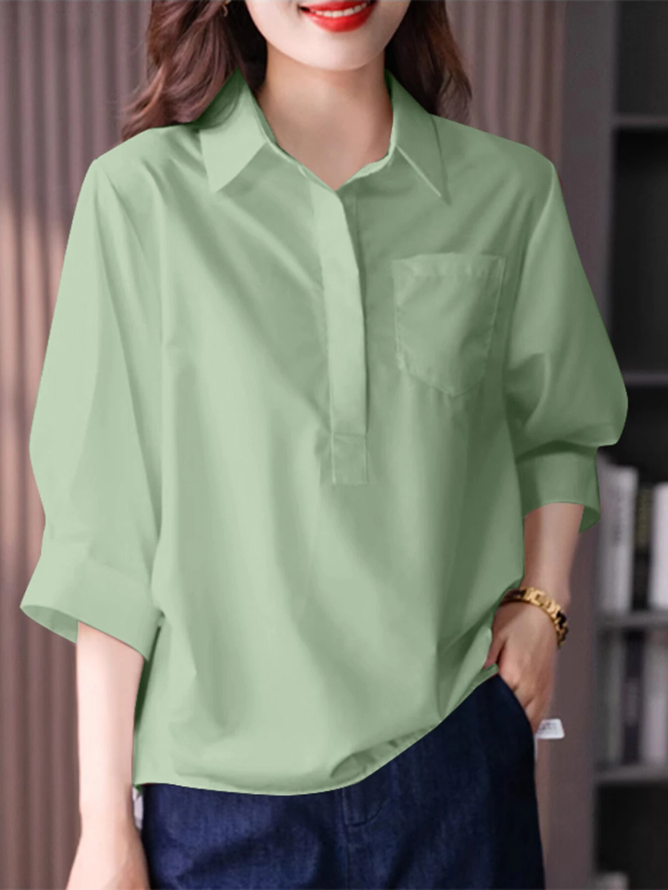 (image for)  Womens Lapel Blouses 3/4 Length Sleeve Solid Color Shirts with Chest Pocket