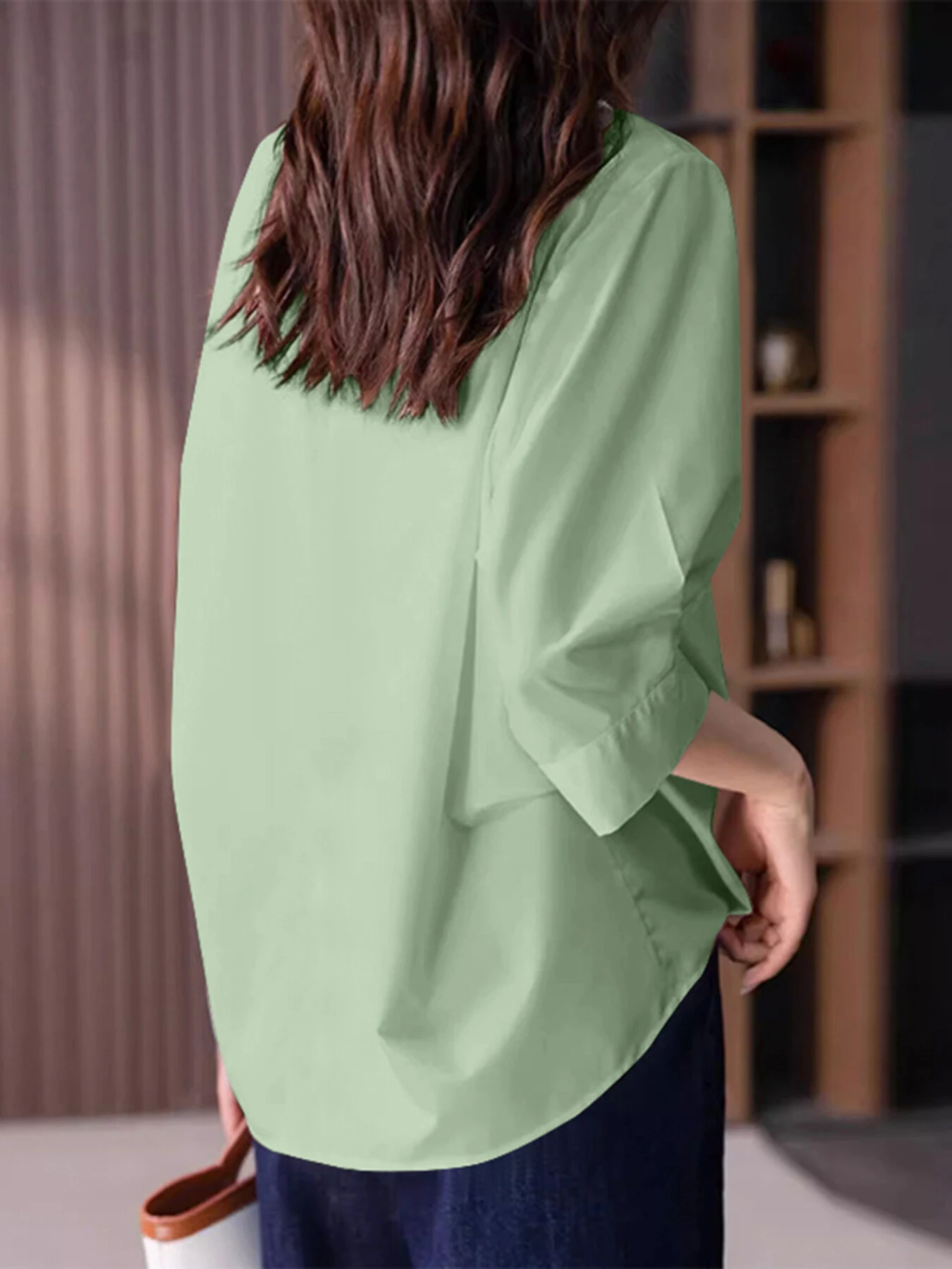 (image for)  Womens Lapel Blouses 3/4 Length Sleeve Solid Color Shirts with Chest Pocket