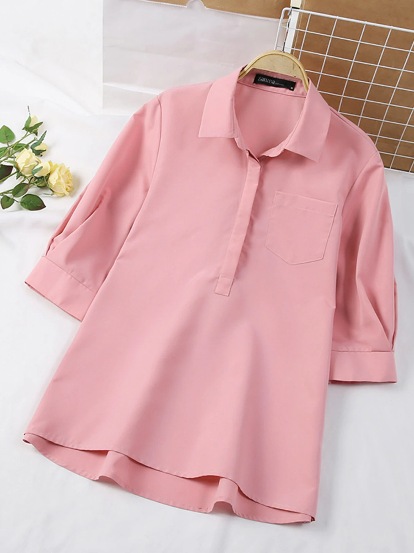 (image for)  Womens Lapel Blouses 3/4 Length Sleeve Solid Color Shirts with Chest Pocket