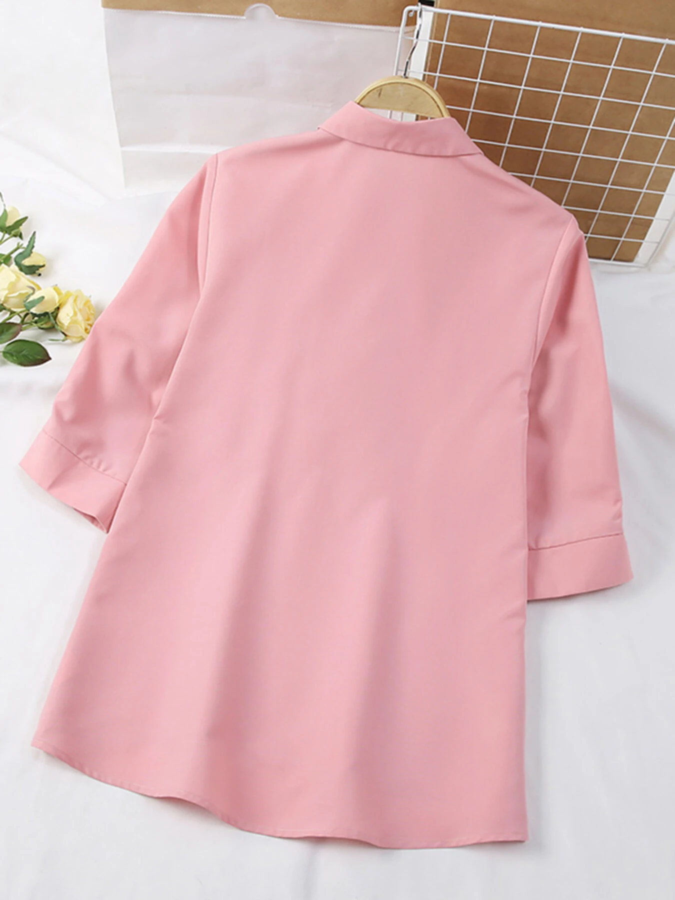 (image for)  Womens Lapel Blouses 3/4 Length Sleeve Solid Color Shirts with Chest Pocket