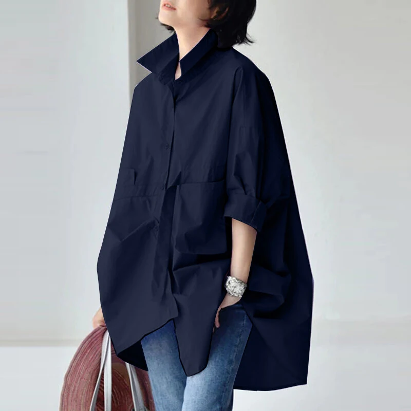 (image for)  Womens Office Casual Solid Color Long Sleeve Shirts with Pockets Elegant Lapel Button Up Midi Blouse