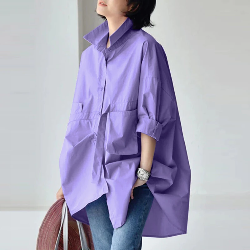 (image for)  Womens Office Casual Solid Color Long Sleeve Shirts with Pockets Elegant Lapel Button Up Midi Blouse