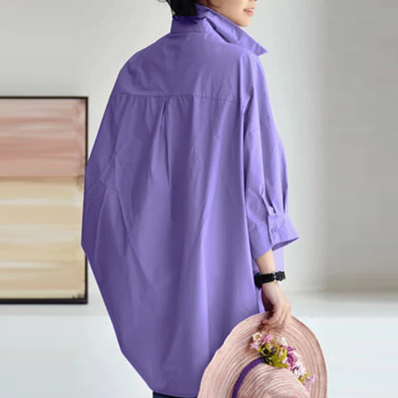 (image for)  Womens Office Casual Solid Color Long Sleeve Shirts with Pockets Elegant Lapel Button Up Midi Blouse