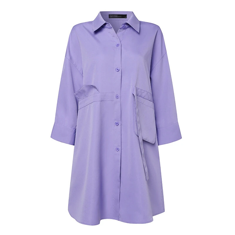 (image for)  Womens Office Casual Solid Color Long Sleeve Shirts with Pockets Elegant Lapel Button Up Midi Blouse
