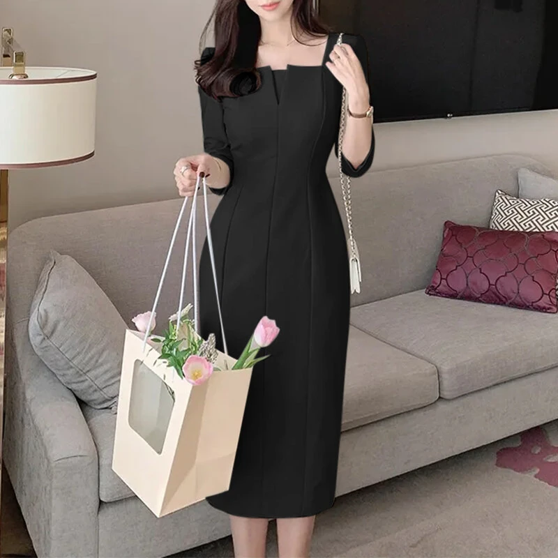 (image for)  Womens Party Daily 7/8 Sleeve Small V-neck Design Slim Segmented Dress Solid Color Elegant Midi Dress