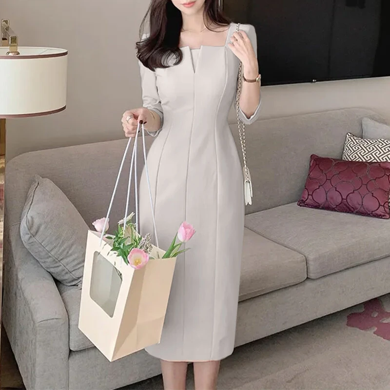 (image for)  Womens Party Daily 7/8 Sleeve Small V-neck Design Slim Segmented Dress Solid Color Elegant Midi Dress