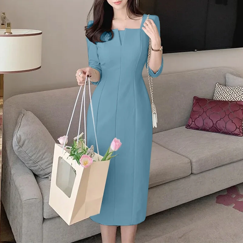 (image for)  Womens Party Daily 7/8 Sleeve Small V-neck Design Slim Segmented Dress Solid Color Elegant Midi Dress