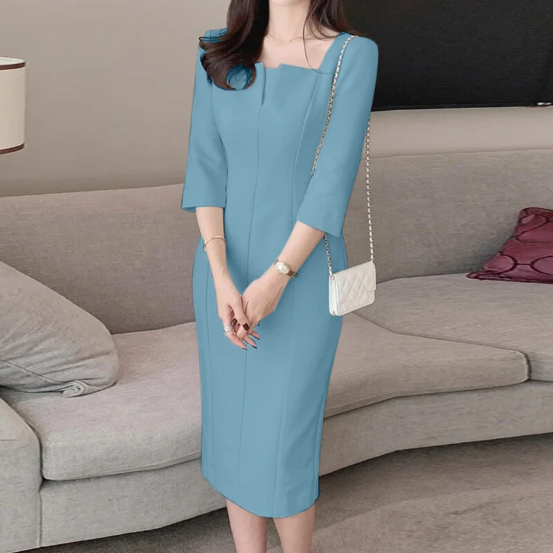(image for)  Womens Party Daily 7/8 Sleeve Small V-neck Design Slim Segmented Dress Solid Color Elegant Midi Dress