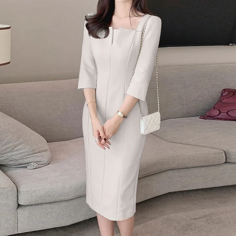 (image for)  Womens Party Daily 7/8 Sleeve Small V-neck Design Slim Segmented Dress Solid Color Elegant Midi Dress