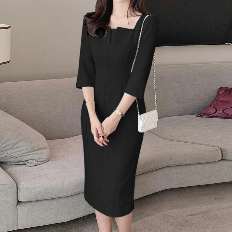 (image for)  Womens Party Daily 7/8 Sleeve Small V-neck Design Slim Segmented Dress Solid Color Elegant Midi Dress