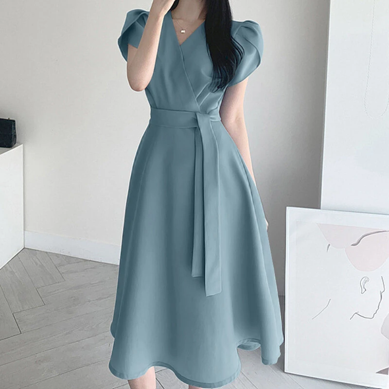 (image for)  Womens Puff Sleeve V Neck Belted A Line Midi Dress Party Gown Long Dresses