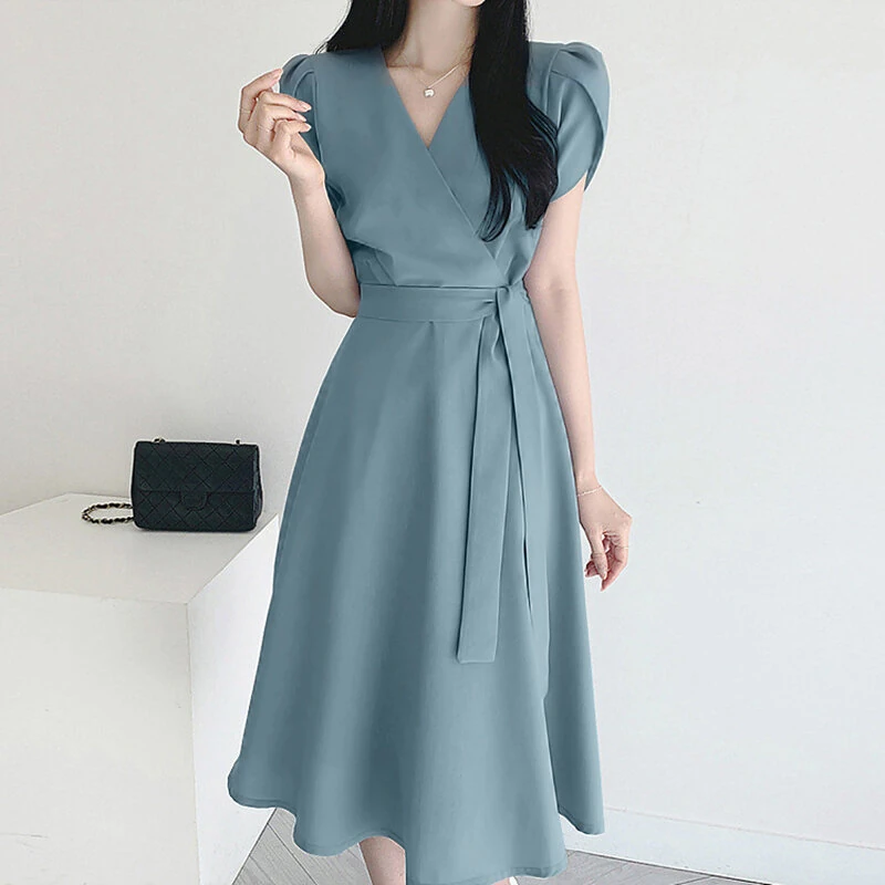 (image for)  Womens Puff Sleeve V Neck Belted A Line Midi Dress Party Gown Long Dresses