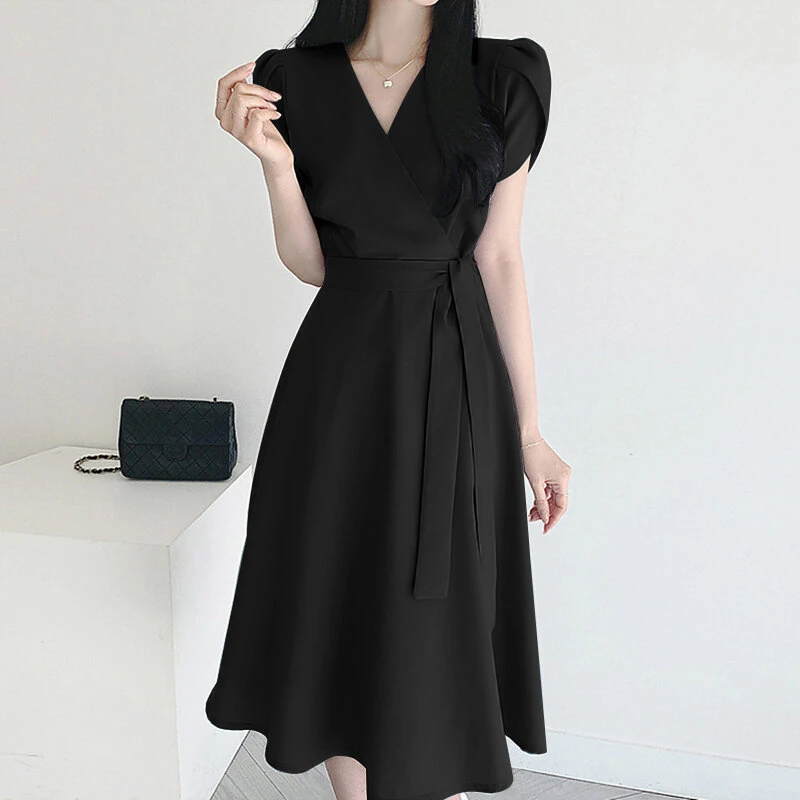 (image for)  Womens Puff Sleeve V Neck Belted A Line Midi Dress Party Gown Long Dresses