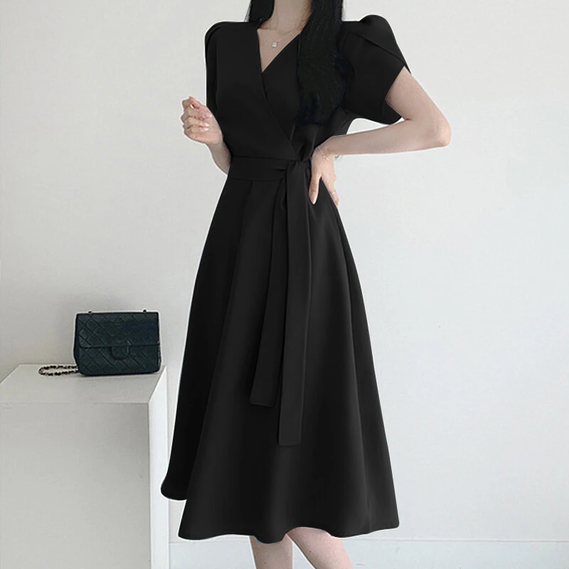 (image for)  Womens Puff Sleeve V Neck Belted A Line Midi Dress Party Gown Long Dresses
