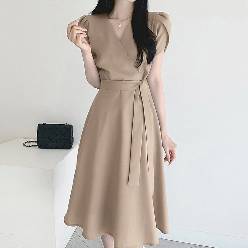 (image for)  Womens Puff Sleeve V Neck Belted A Line Midi Dress Party Gown Long Dresses