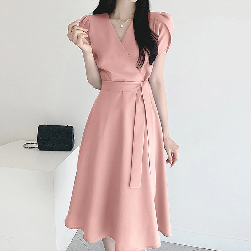 (image for)  Womens Puff Sleeve V Neck Belted A Line Midi Dress Party Gown Long Dresses