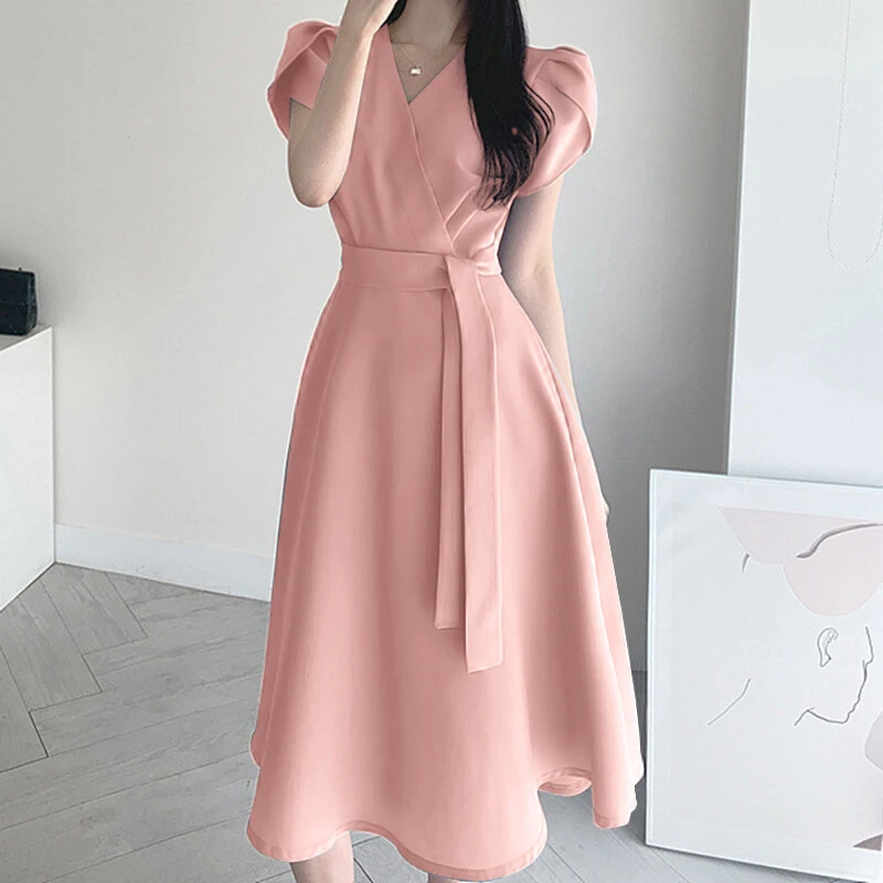 (image for)  Womens Puff Sleeve V Neck Belted A Line Midi Dress Party Gown Long Dresses