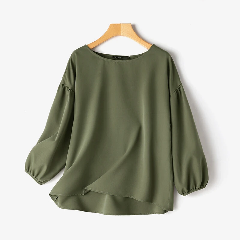 (image for)  Women's Round Neck Drop Shoulder Lantern Sleeve Loose Casual Solid Blouses