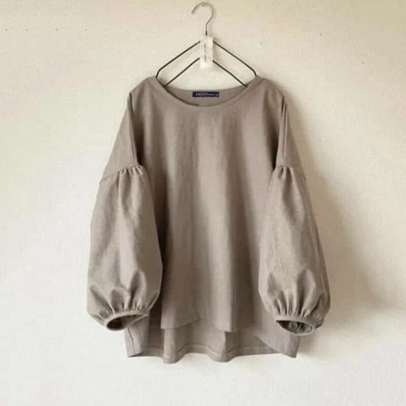 (image for)  Women's Round Neck Drop Shoulder Lantern Sleeve Loose Casual Solid Blouses