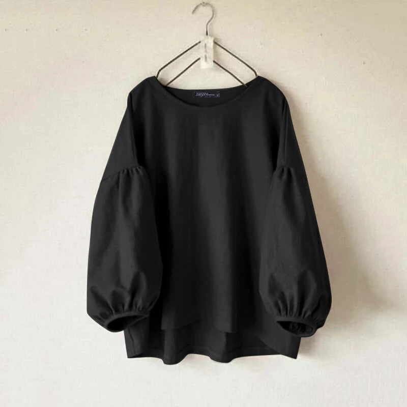(image for)  Women's Round Neck Drop Shoulder Lantern Sleeve Loose Casual Solid Blouses