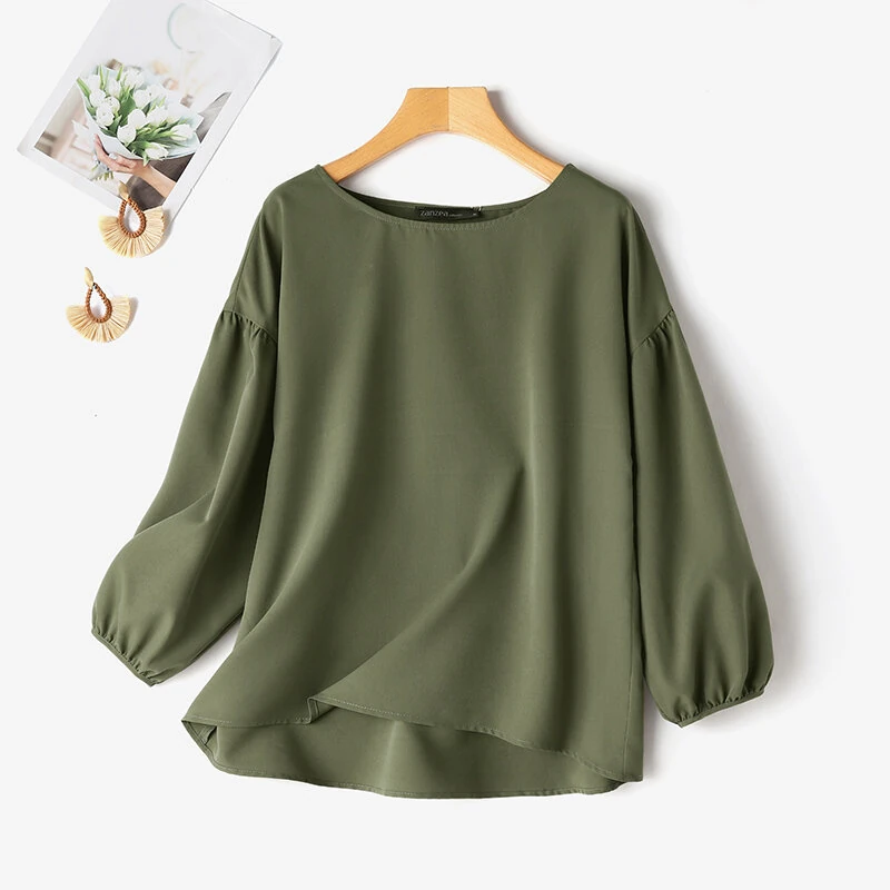 (image for)  Women's Round Neck Drop Shoulder Lantern Sleeve Loose Casual Solid Blouses