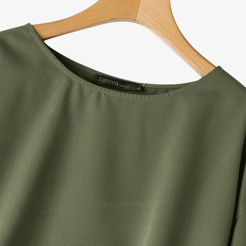 (image for)  Women's Round Neck Drop Shoulder Lantern Sleeve Loose Casual Solid Blouses