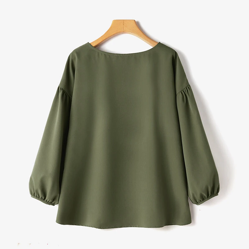 (image for)  Women's Round Neck Drop Shoulder Lantern Sleeve Loose Casual Solid Blouses