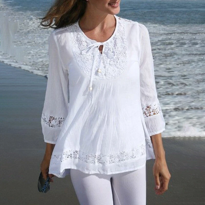 (image for)  Women's Shirt Solid Lace Blouse Eyelet Lace Patchwork 3/4 Length Sleeve Top Summer Daily Casual Shirts