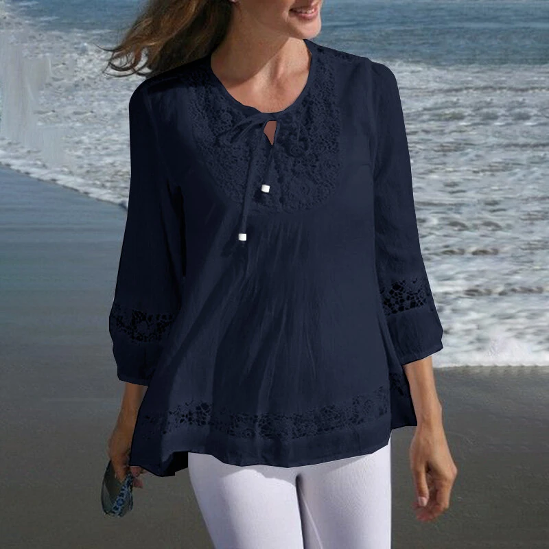 (image for)  Women's Shirt Solid Lace Blouse Eyelet Lace Patchwork 3/4 Length Sleeve Top Summer Daily Casual Shirts