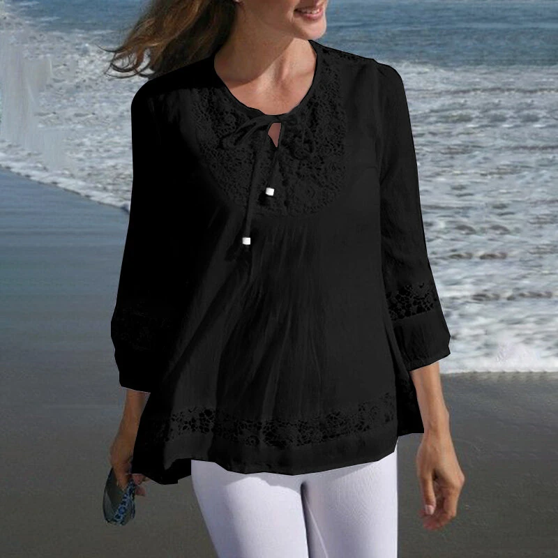 (image for)  Women's Shirt Solid Lace Blouse Eyelet Lace Patchwork 3/4 Length Sleeve Top Summer Daily Casual Shirts