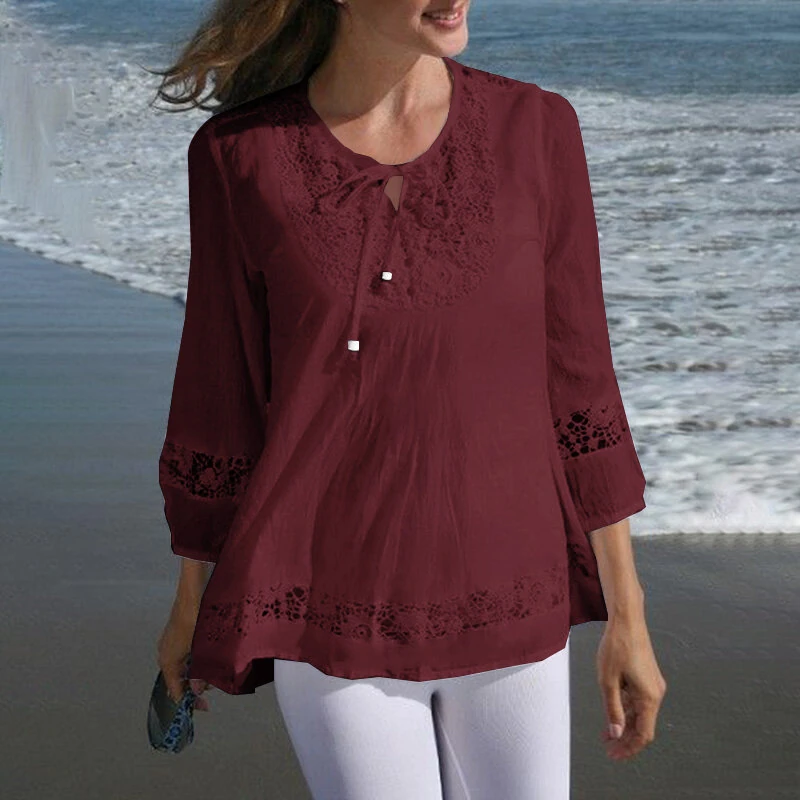 (image for)  Women's Shirt Solid Lace Blouse Eyelet Lace Patchwork 3/4 Length Sleeve Top Summer Daily Casual Shirts