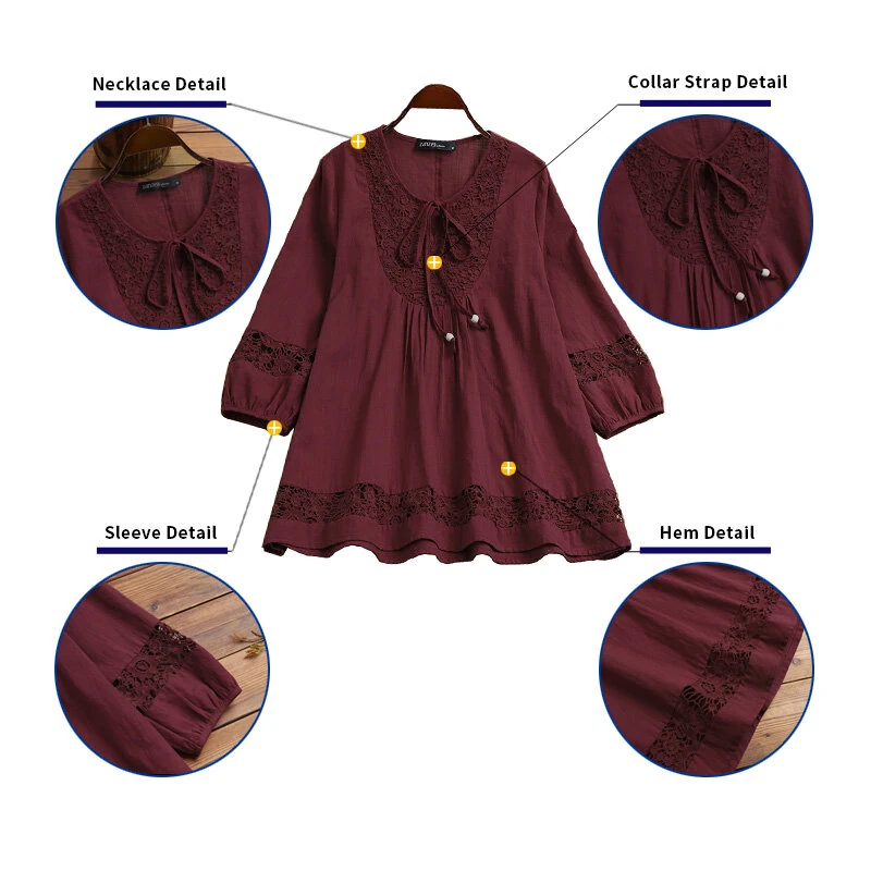 (image for)  Women's Shirt Solid Lace Blouse Eyelet Lace Patchwork 3/4 Length Sleeve Top Summer Daily Casual Shirts