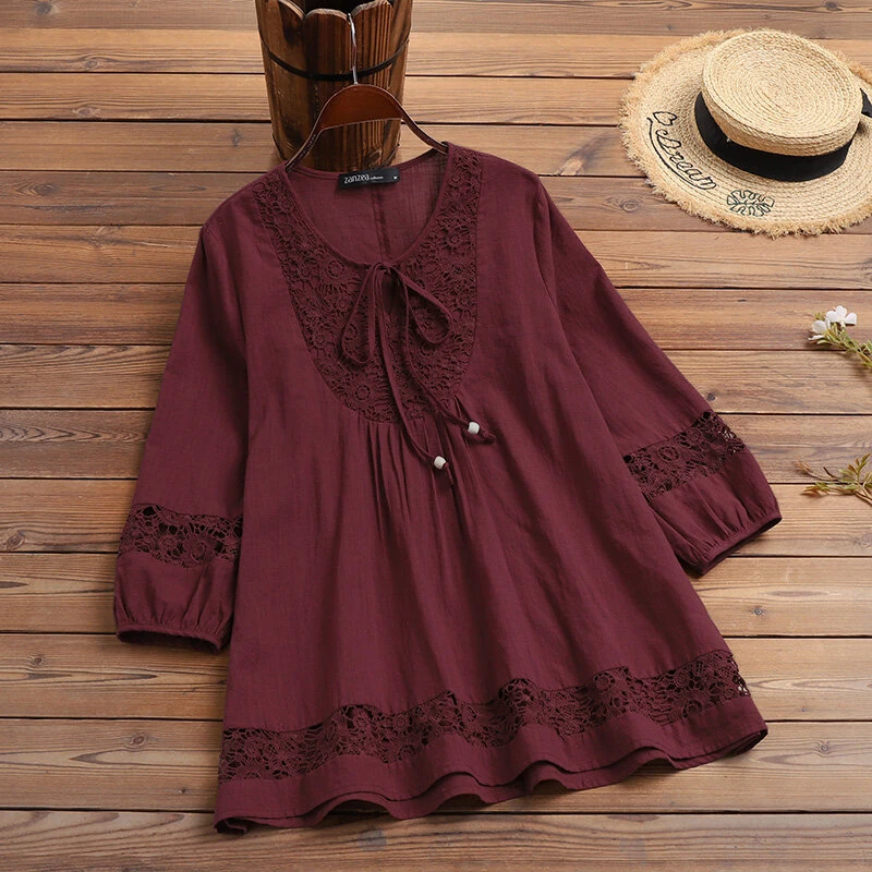 (image for)  Women's Shirt Solid Lace Blouse Eyelet Lace Patchwork 3/4 Length Sleeve Top Summer Daily Casual Shirts