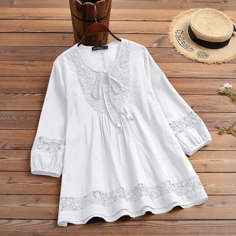 (image for)  Women's Shirt Solid Lace Blouse Eyelet Lace Patchwork 3/4 Length Sleeve Top Summer Daily Casual Shirts