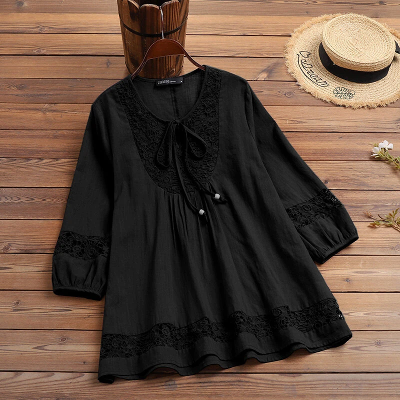 (image for)  Women's Shirt Solid Lace Blouse Eyelet Lace Patchwork 3/4 Length Sleeve Top Summer Daily Casual Shirts