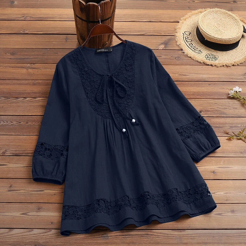 (image for)  Women's Shirt Solid Lace Blouse Eyelet Lace Patchwork 3/4 Length Sleeve Top Summer Daily Casual Shirts