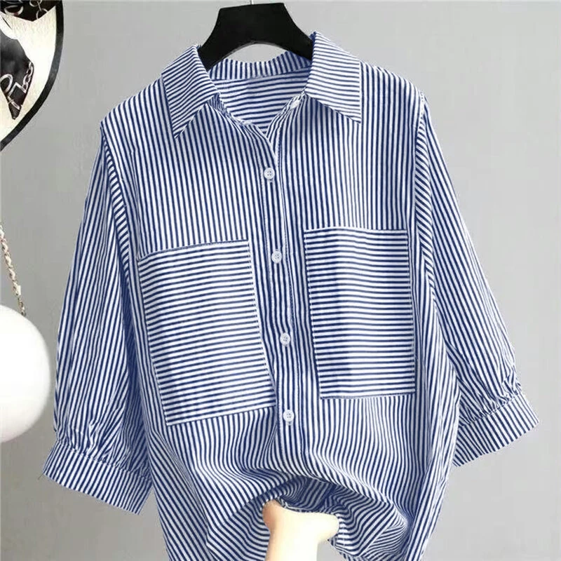 (image for)  Women's Striped Shirt Summer 3/4 Sleeve Lantern Sleeve Front Pockets Casual Blouse Top
