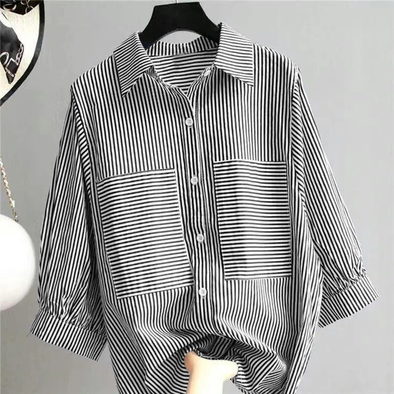 (image for)  Women's Striped Shirt Summer 3/4 Sleeve Lantern Sleeve Front Pockets Casual Blouse Top