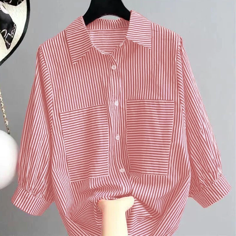 (image for)  Women's Striped Shirt Summer 3/4 Sleeve Lantern Sleeve Front Pockets Casual Blouse Top