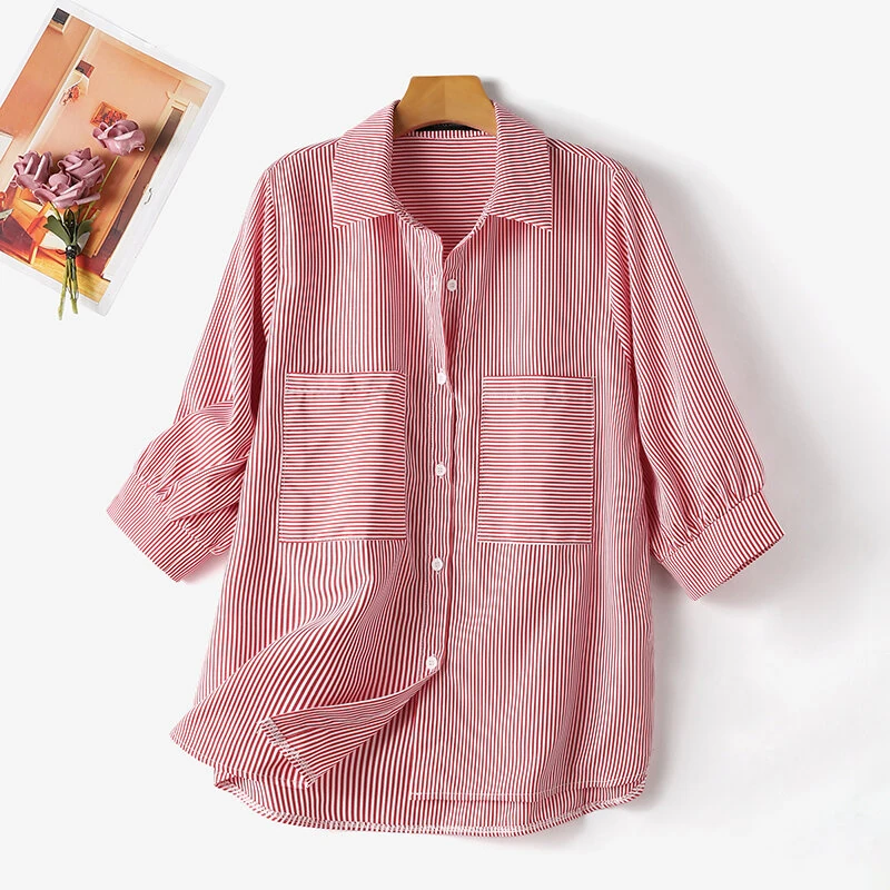 (image for)  Women's Striped Shirt Summer 3/4 Sleeve Lantern Sleeve Front Pockets Casual Blouse Top