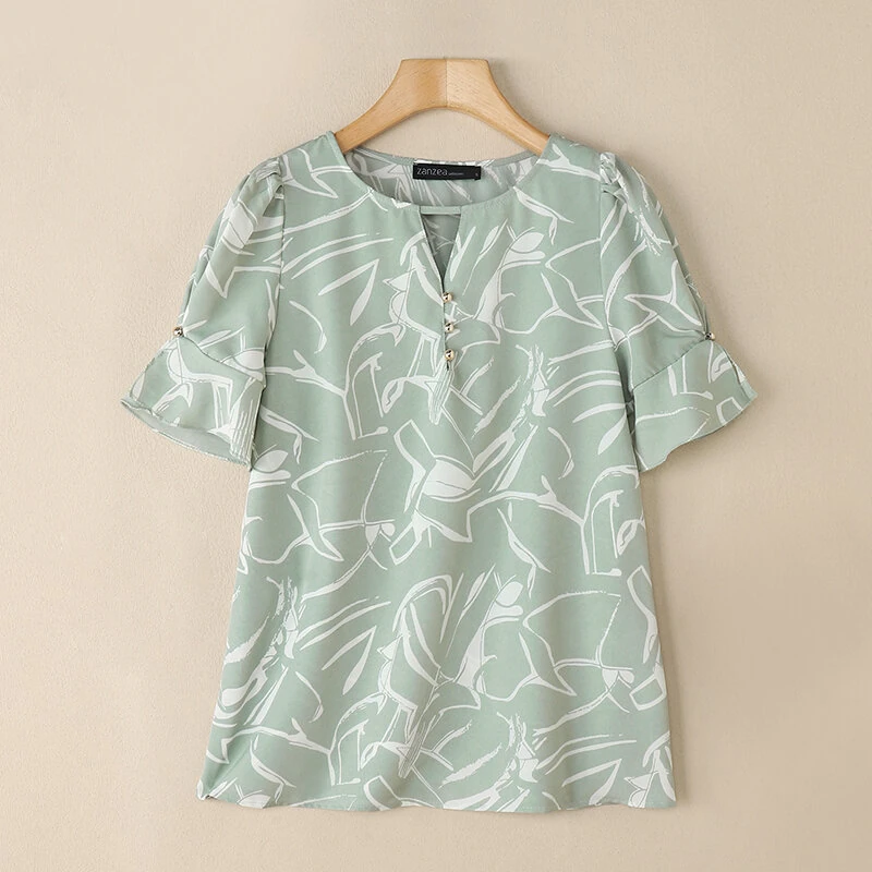 (image for)  Women's Summer Elegant Print Blouse Casual Flare Sleeve O-Neck Cutouts Tops