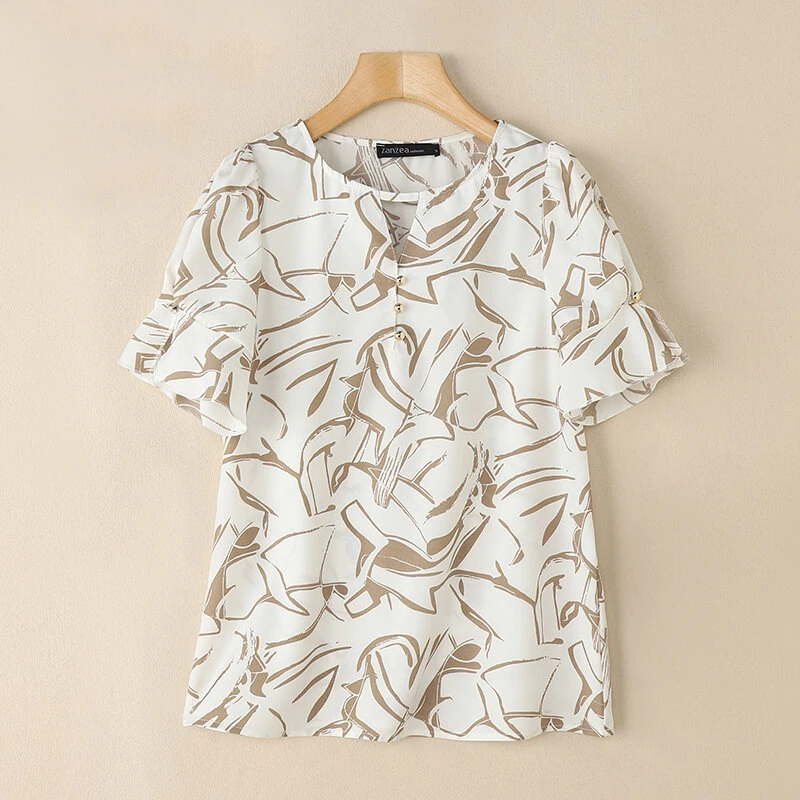 (image for)  Women's Summer Elegant Print Blouse Casual Flare Sleeve O-Neck Cutouts Tops