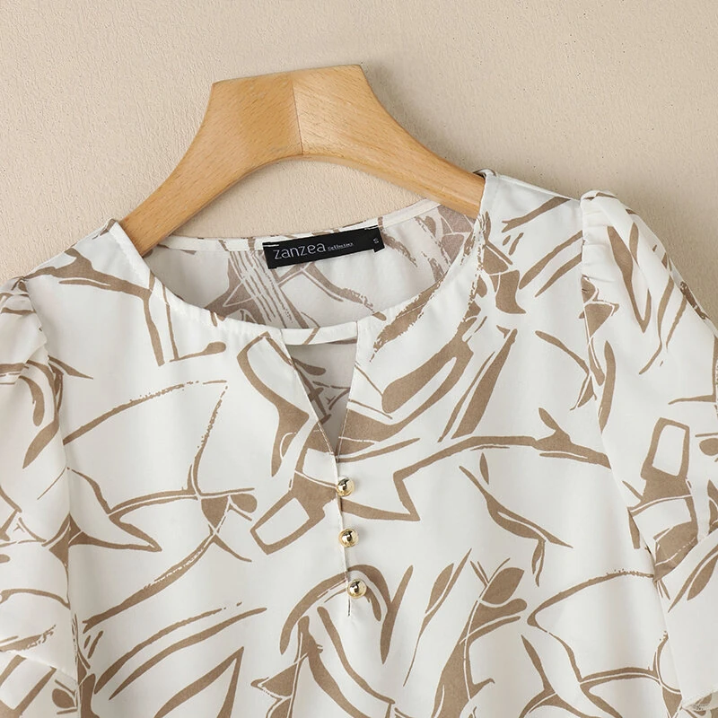 (image for)  Women's Summer Elegant Print Blouse Casual Flare Sleeve O-Neck Cutouts Tops