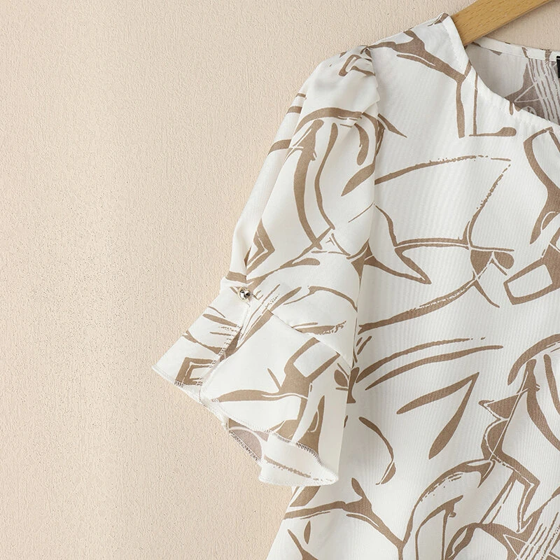 (image for)  Women's Summer Elegant Print Blouse Casual Flare Sleeve O-Neck Cutouts Tops
