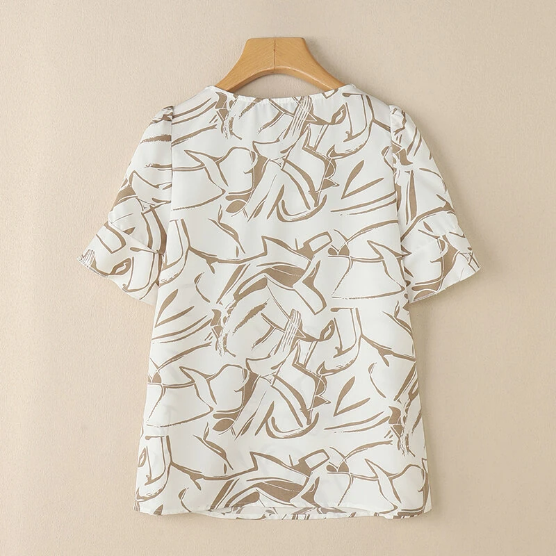 (image for)  Women's Summer Elegant Print Blouse Casual Flare Sleeve O-Neck Cutouts Tops