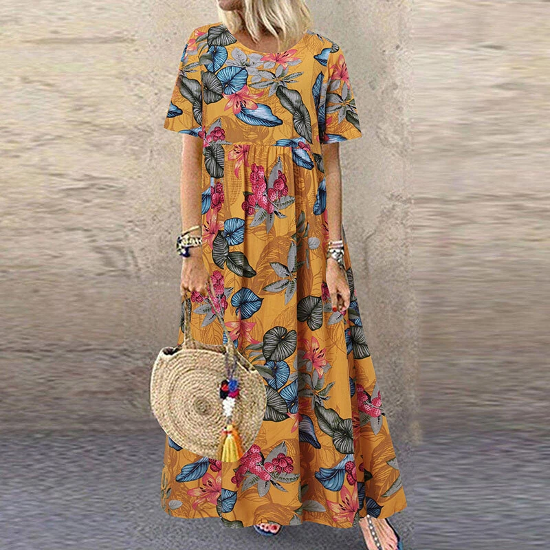 (image for)  Womens Summer Short Sleeve Printed Swing Long Maxi Dress Holiday Beach Sundress