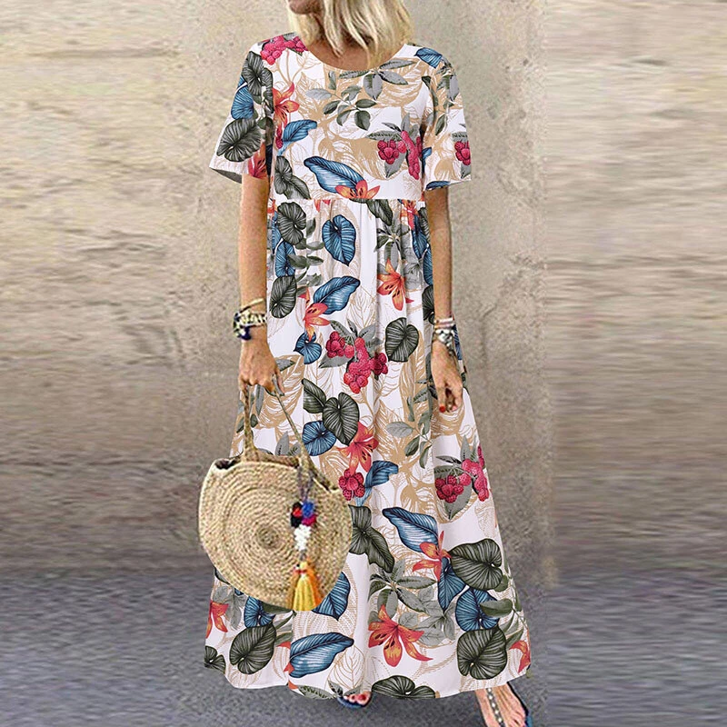 (image for)  Womens Summer Short Sleeve Printed Swing Long Maxi Dress Holiday Beach Sundress
